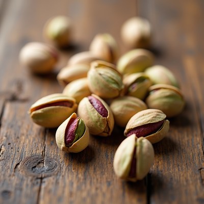 Display of pistachio nuts on wooden table