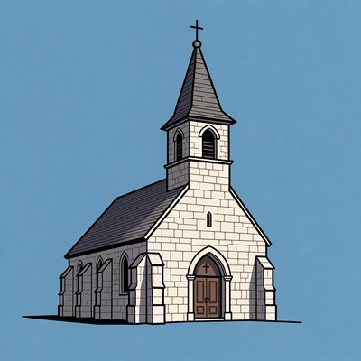Small church with tall steeple and door