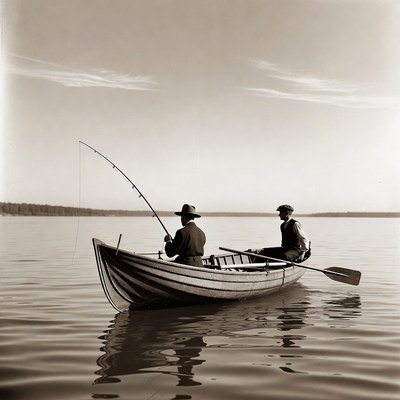 Two men fishing on a calm lake