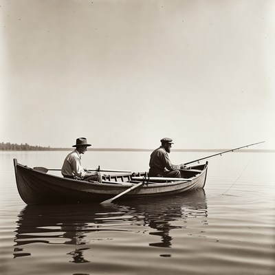 Two men fishing on calm water