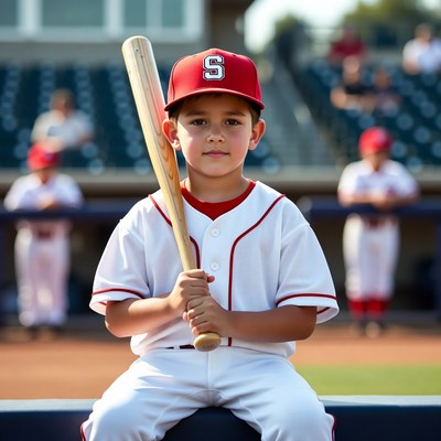 Young player holds bat at baseball field