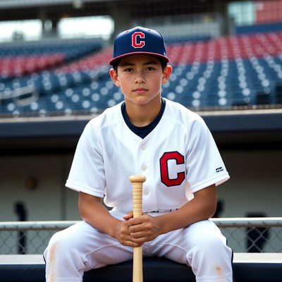 Young baseball player poses on field