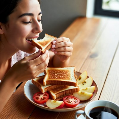 Enjoying breakfast with toast and fruit