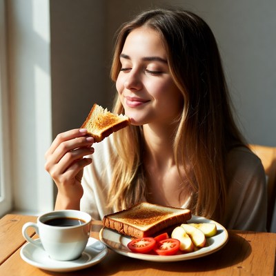 Enjoying breakfast with toast and coffee