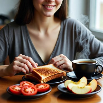Morning meal with toast and fruit