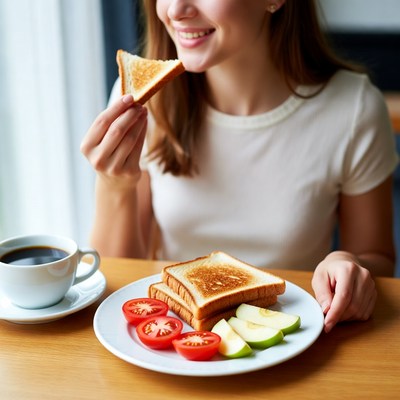 Breakfast with toast and fruits
