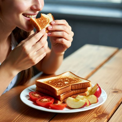 Enjoying breakfast with toast and fruit
