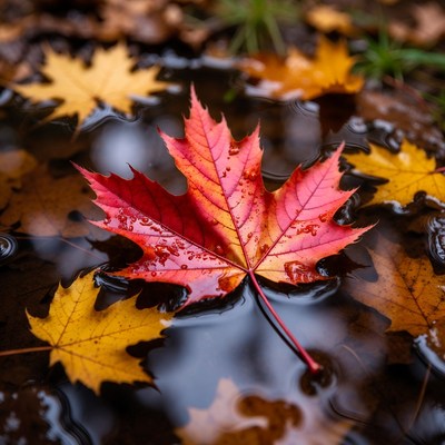 Bright red leaf on water