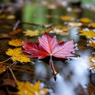 Red leaf floating on water surface