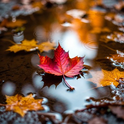 Bright red leaf on water surface