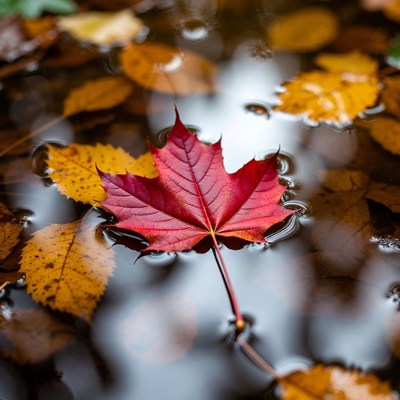 Red leaf on water surface in autumn