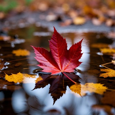 Red leaf in water with reflections