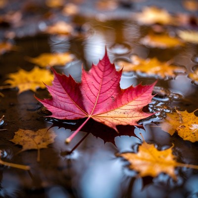 Red leaf floating in water