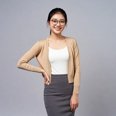 Young woman poses confidently in studio