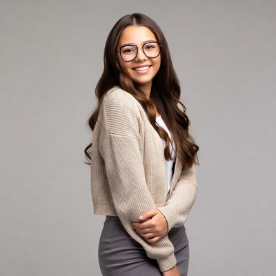 Young woman poses in casual outfit