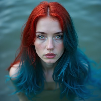 Young woman with red and blue hair by water