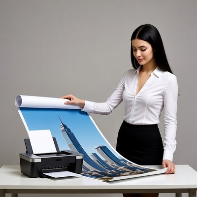 Woman printing city landscape poster