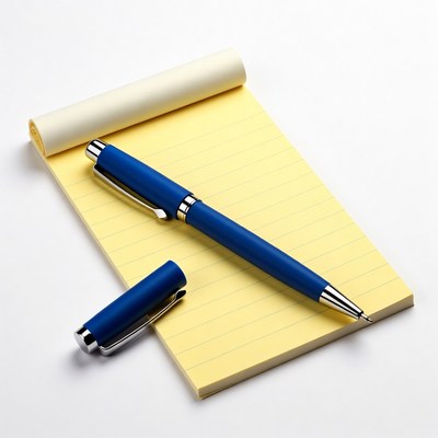 Writing tools on a yellow notepad