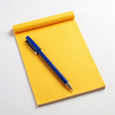 Yellow notepad and blue pen on table