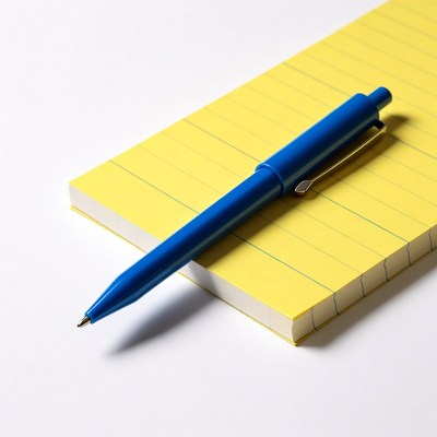 Blue pen rests on yellow notepad