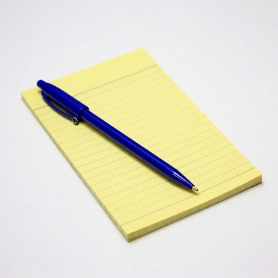 Notepad and blue pen on white background
