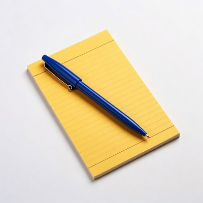 Yellow notepad with blue pen on desk