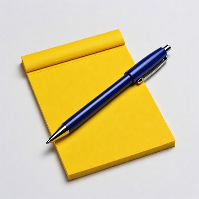 Yellow notepad and blue pen on a table