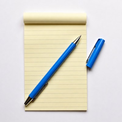 Notepad and blue pen on desk