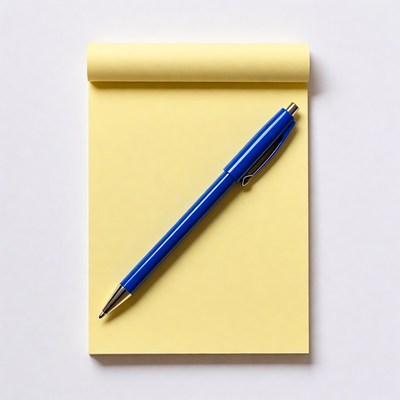 Blank notepad and blue pen on white surface