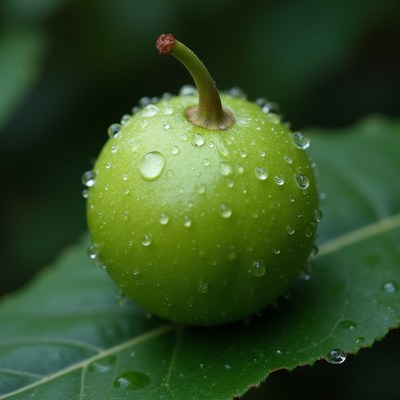 Green apple with dew on leaf