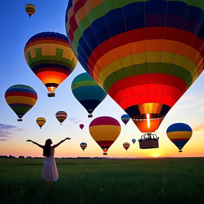 Colorful balloons in sunset sky