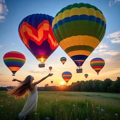Hot air balloons at sunset in the field