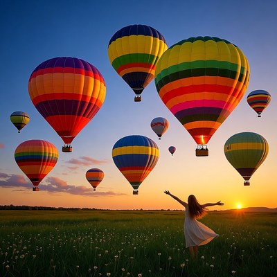 Hot air balloons during sunset flight