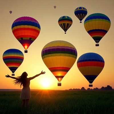 Colorful hot air balloons at sunset