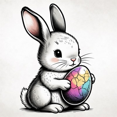 Cute bunny holds colorful egg