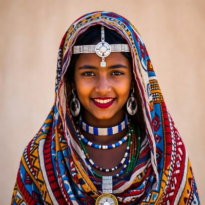 Girl wearing traditional jewelry in bright colors