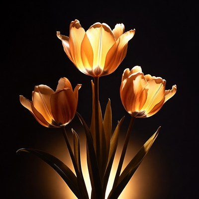 Three yellow tulips with backlight at night