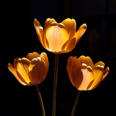 Bright yellow tulips in dark setting