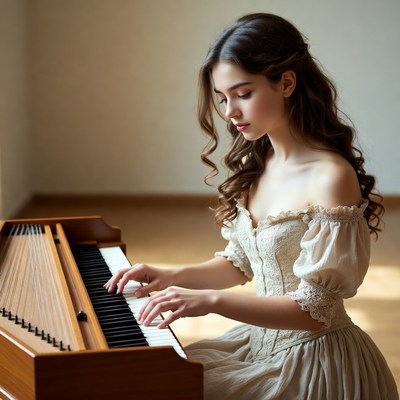 Girl plays piano indoors during day