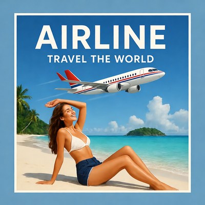 Woman relaxes on beach with airplane above