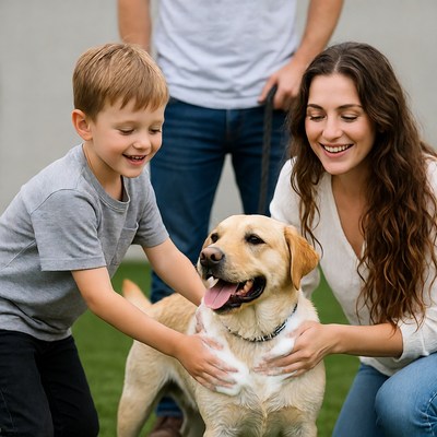 Boy enjoys playing with dog