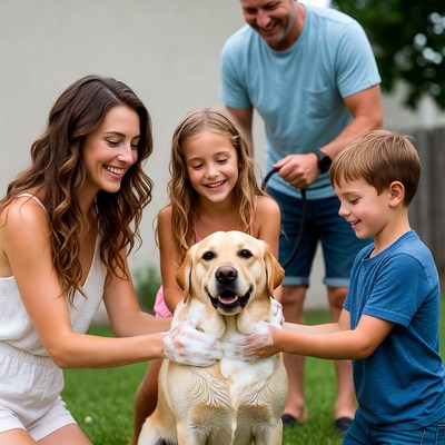 Family washing labrador in backyard