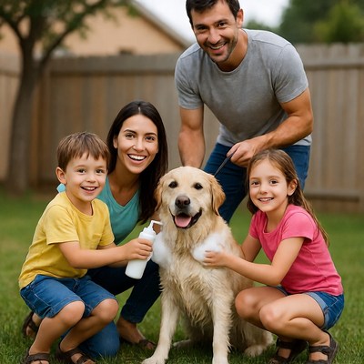 Family enjoying time with dog in yard