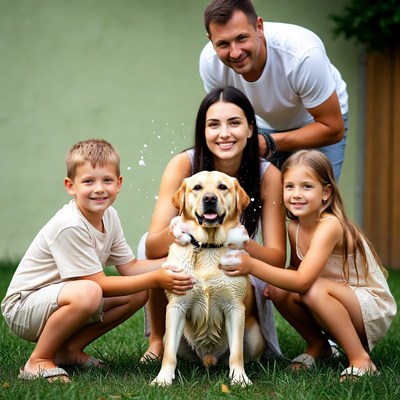Family bath time with dog