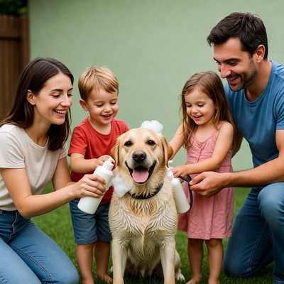 Family bath time with dog