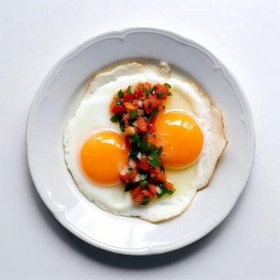Fresh eggs with tomato topping on plate