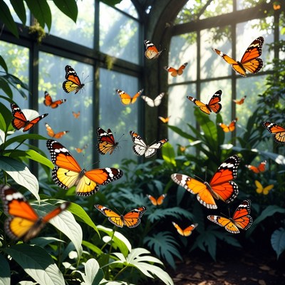 Butterflies in a greenhouse garden