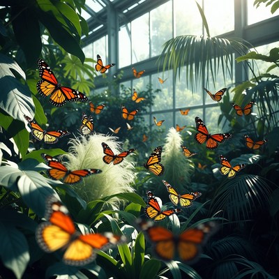 Butterflies flying in glasshouse