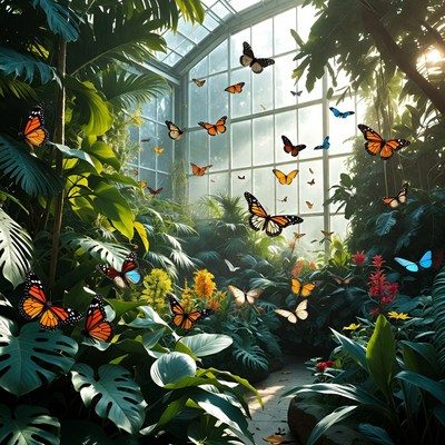 Butterflies in a greenhouse with plants