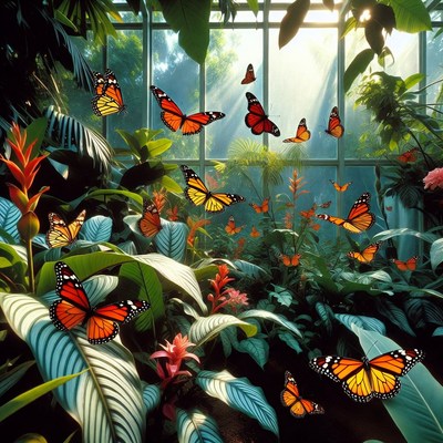 Butterflies flying in greenhouse